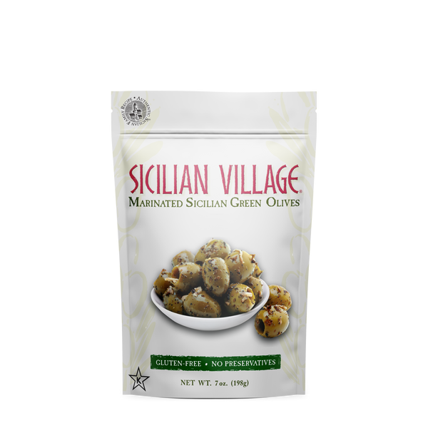 Sicilian Village Marinated Sicilian Green Olives, 7 oz.