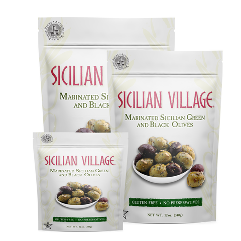 Sicilian Village Marinated Sicilian Green and Black Olives, 7 oz.