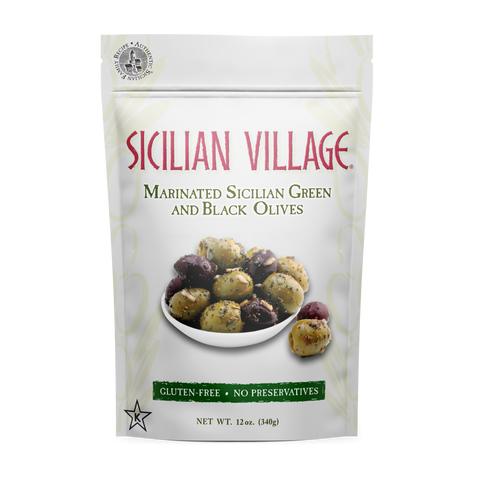 4 Pack Sicilian Village Marinated Sicilian Green and Black Olives, 12 oz.