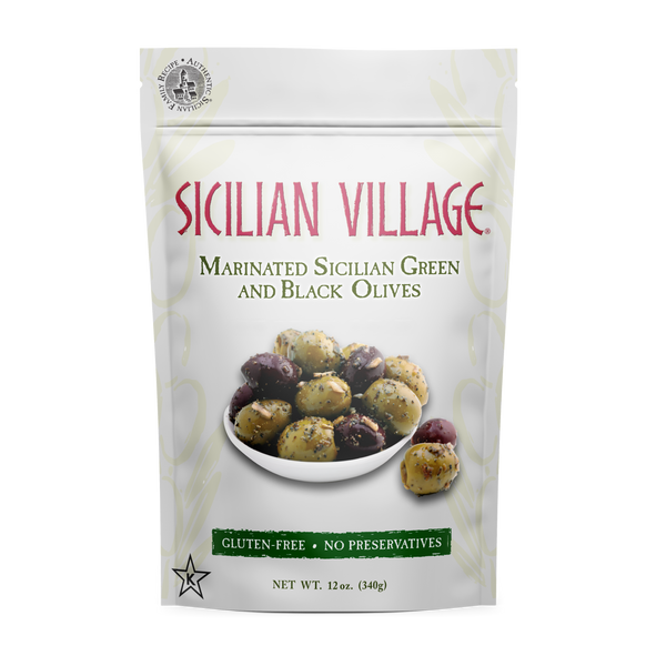 Sicilian Village Marinated Sicilian Green and Black Olives, 12 oz.