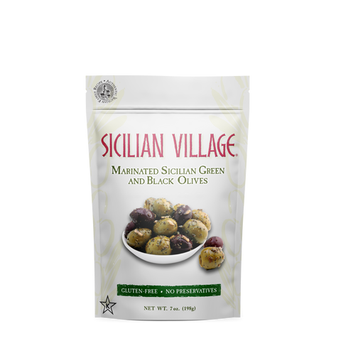 Sicilian Village Marinated Sicilian Green and Black Olives, 7 oz.
